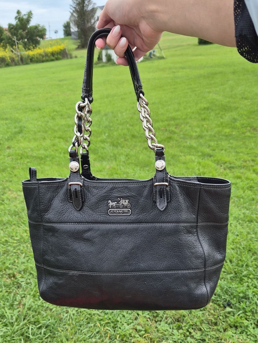 Coach Madison Tribeca East West Black Pebbled Leather Chain Purse Shoulder Bag